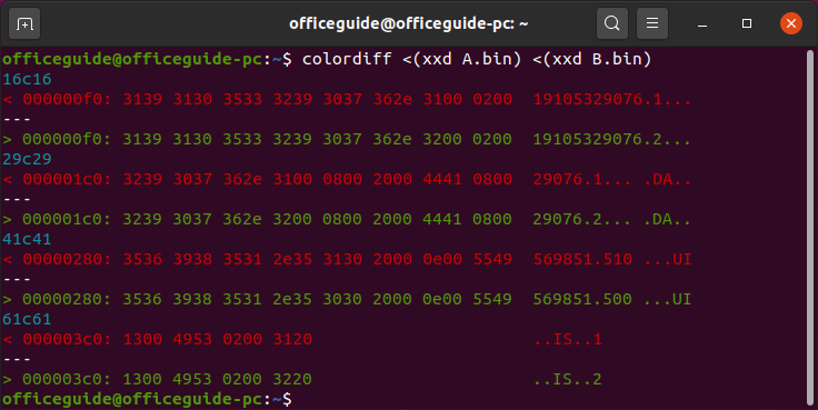 以 <code>colordiff</code> 比較二進位檔案差異